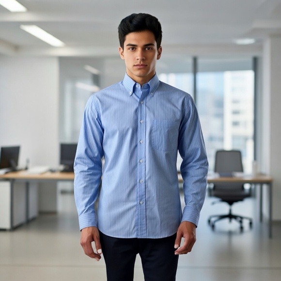 Vintage 80s Roundtree & Yorke Gold Label Pinpoint Non-Iron Dress Shirt 16.5 Blue - Picture 13 of 13